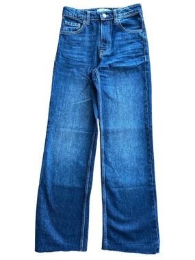 Mango Wide Leg Raw Edge Distressed Hem Blue Denim Jeans Casual Summer Classic